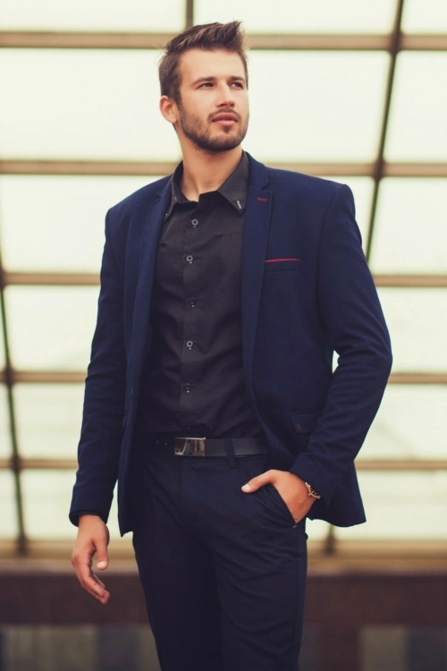 navy blue blazer with black shirt combinations