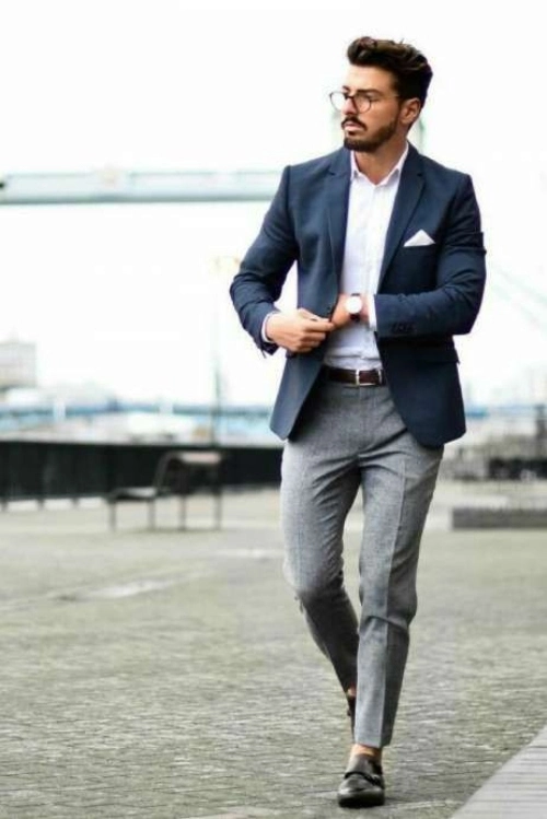 navy blue blazer with grey pants combinations