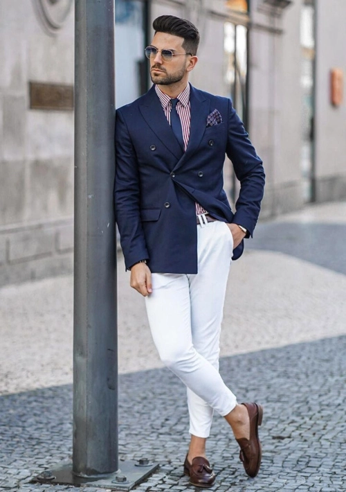 navy blue blazer with white pants combinations